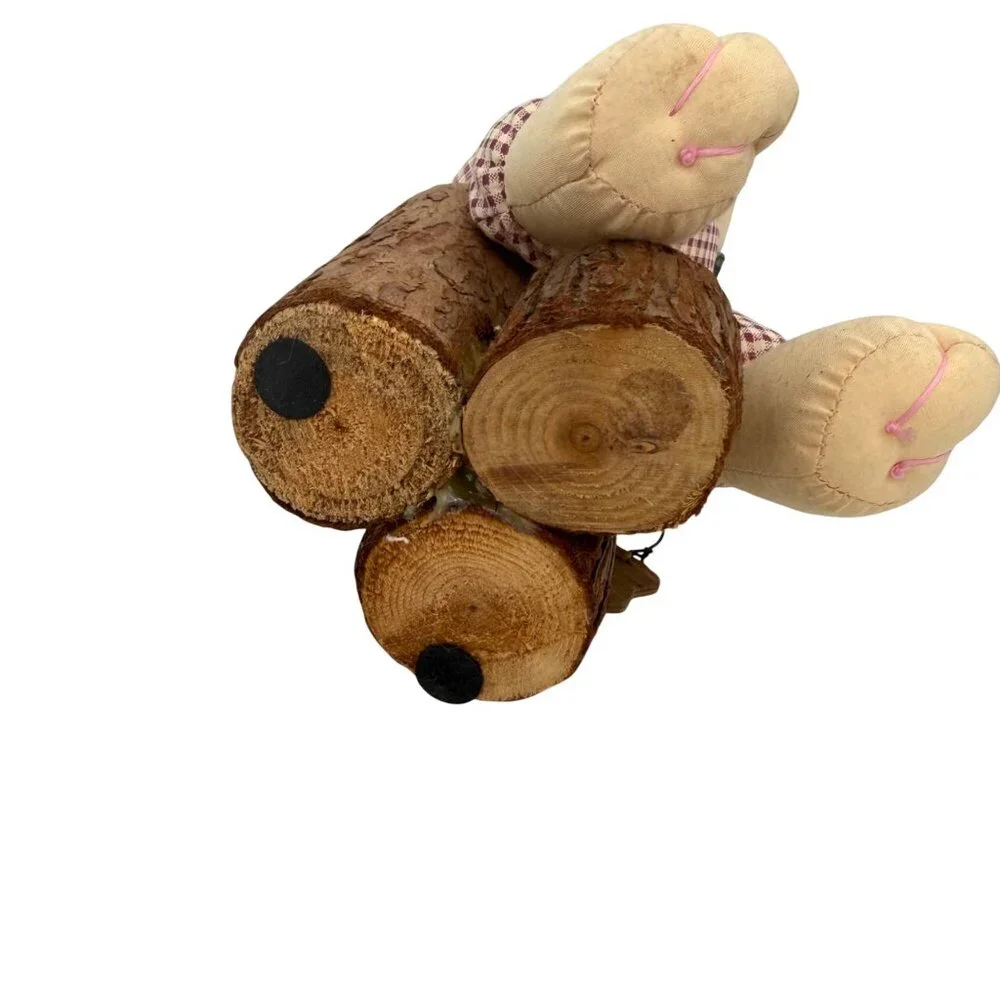 PRIMITIVE AMERICANA FISHING PLUSH BUNNY RABBIT ON LOG BASE w/ GLASSES EASTER